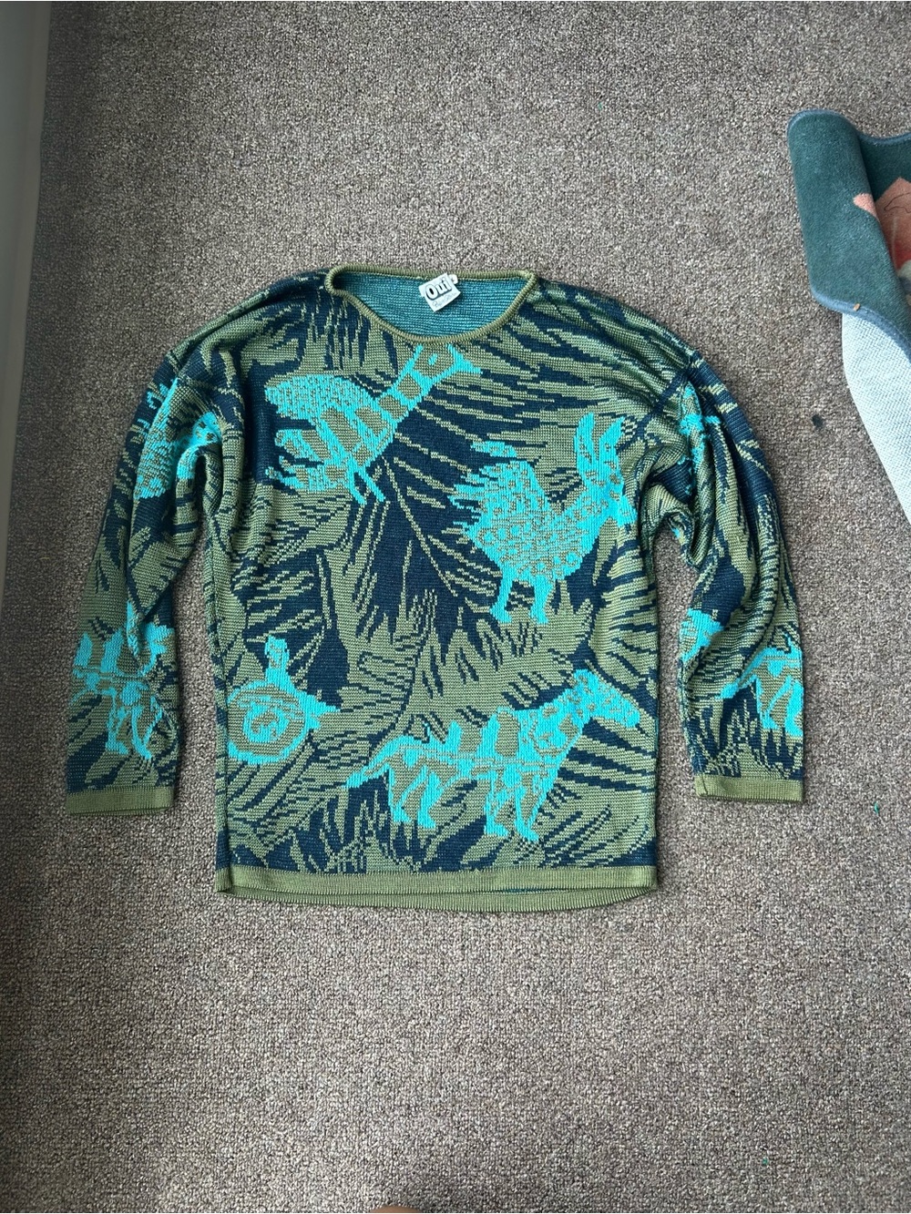 Vintage 90s Oui Gone Hunting Olive & Teal Graphic Knit Sweater